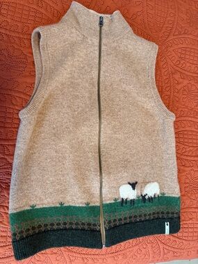 Woolrich Tan Wool Zip Vest with Sheep